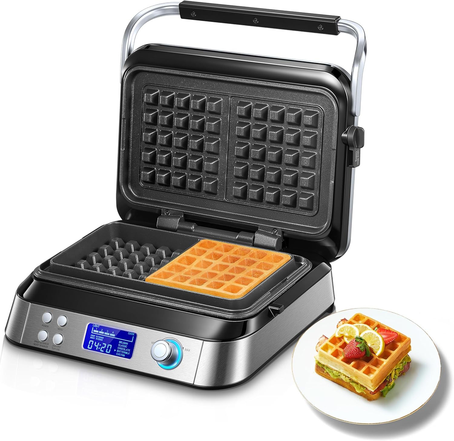 1600W Belgian Waffle Maker, Double Waffle Maker with LED Display, 2 Slices, 5 Different Programmes, 7 Levels of Browning, Countdown Timer, Audible Alerts, Stainless Steel (Silver)