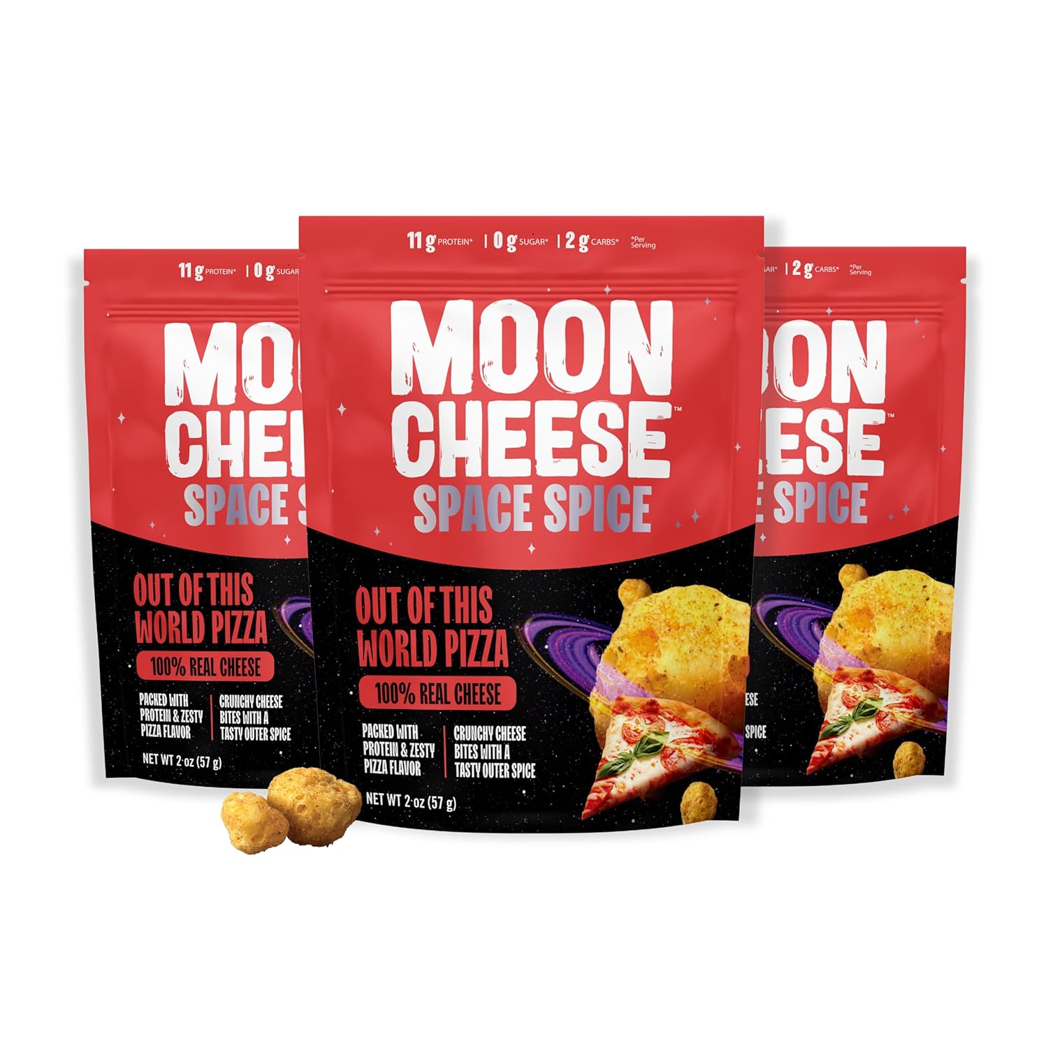 Moon Cheese Space Spice, Out Of This World Pizza, Crunchy, Protein-Rich Cheese Snack, Keto Friendly, 100% Real Cheese, Low Carb, Gluten-Free, No Sugar, 2 Oz bags (Pack of 3)