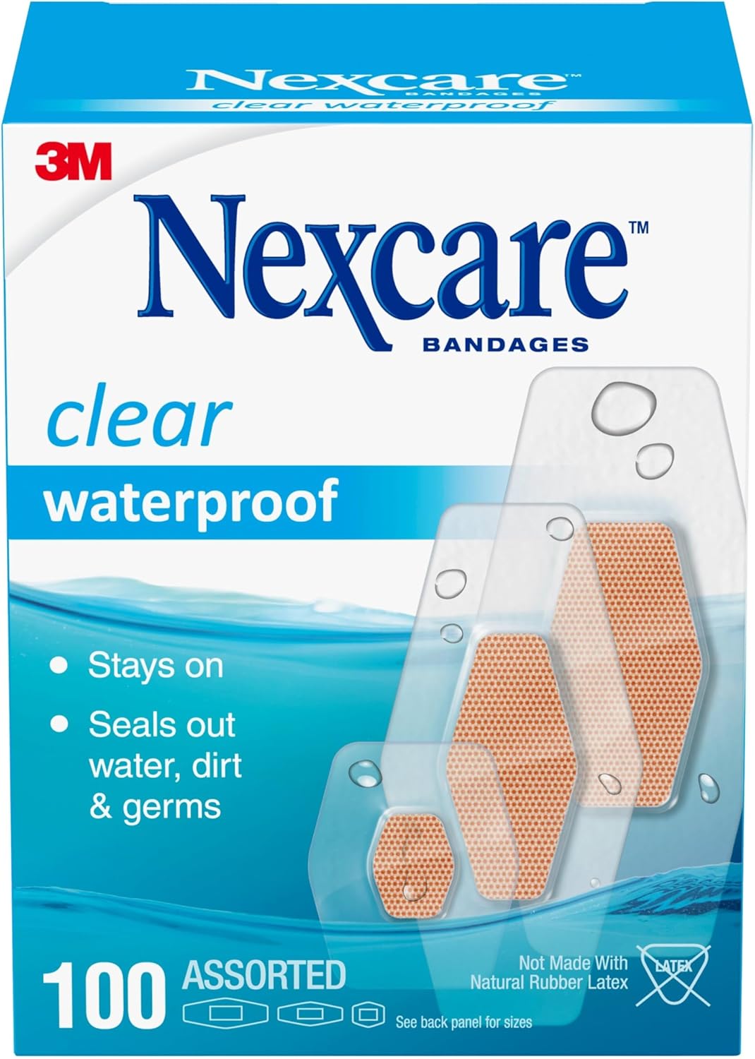 Nexcare Waterproof Bandages, Stays on in the Pool, Holds for 12 Hours, Clear Bandages for Fingers and Elbows - 100 Pack Waterproof Bandages