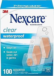 Nexcare Waterproof Bandages, Stays on in the Pool, Holds for 12 Hours, Clear Bandages for Fingers and Elbows - 100 Pack Waterproof Bandages