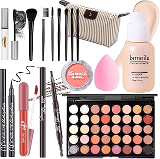Makeup Set Full Kit for Girls Teens Women, Makeup Present Set, Includes Eyeshadow, Foundation, Blusher, Eyebrow Pencil, Mascara, Eyeliner, Brushes, Lip Gloss, Sponge, Cosmetic Bag