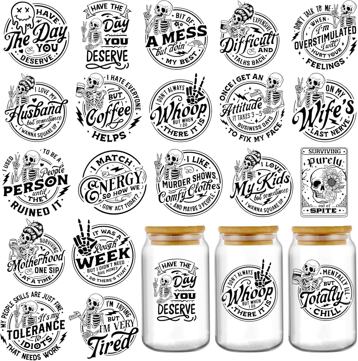 Funny Skeleton UV DTF Decals - 20 Sheet Black Sarcastic Uvdtf Cup Wraps for 16 oz Glass Water Bottle, Adult Dark Humor Snarky Skulls Transfer Stickers DIY Mug Craft Decal Decor Gift for Colleague