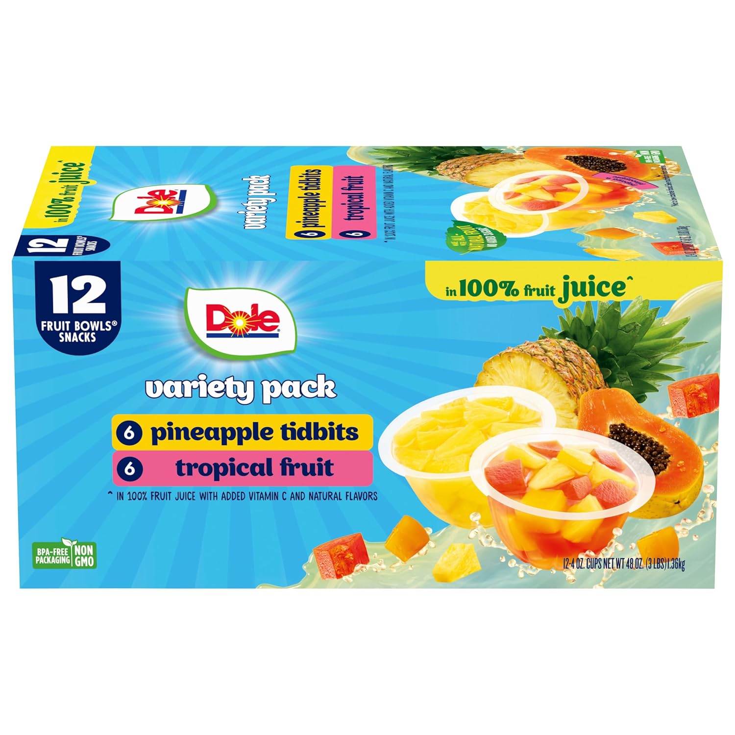 Dole Pineapple Tidbits and Tropical Fruit in 100% Juice Variety Pack - Dole Fruit Bowls Snacks - 4 oz Fruit Bowls - 12 Pack