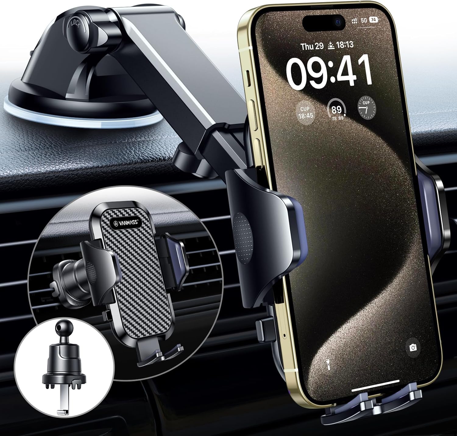 VANMASS 2025 BEST Car Phone Holder [Upgraded Suction & Clip]Rotatable Universal Mobile Phone Mount Dashboard Windscreen Vent Cradle Van Automobile Accessories for iPhone 16 Pro Max 15 14 13 12 Samsung