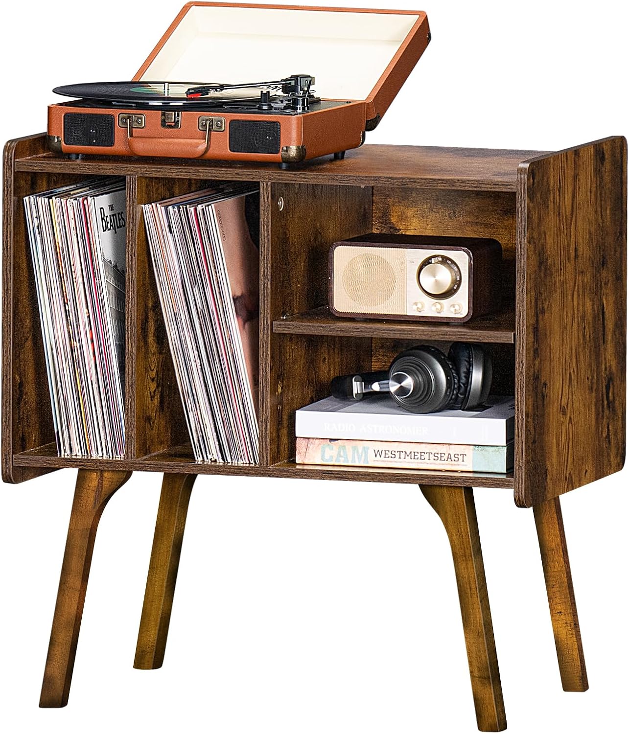 LELELINKY Record Player Stand,Vinyl Record Storage Table with 4 Cabinet Up to 120 Albums,Mid-Century Turntable Stand with Wood Legs,Brown Vinyl Holder Display Shelf for Bedroom Living Room