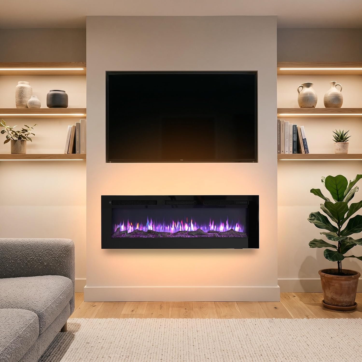 FLAMEKO 50" Media Wall Electric Fire, Wall Mounted Fireplace, Wilton Black