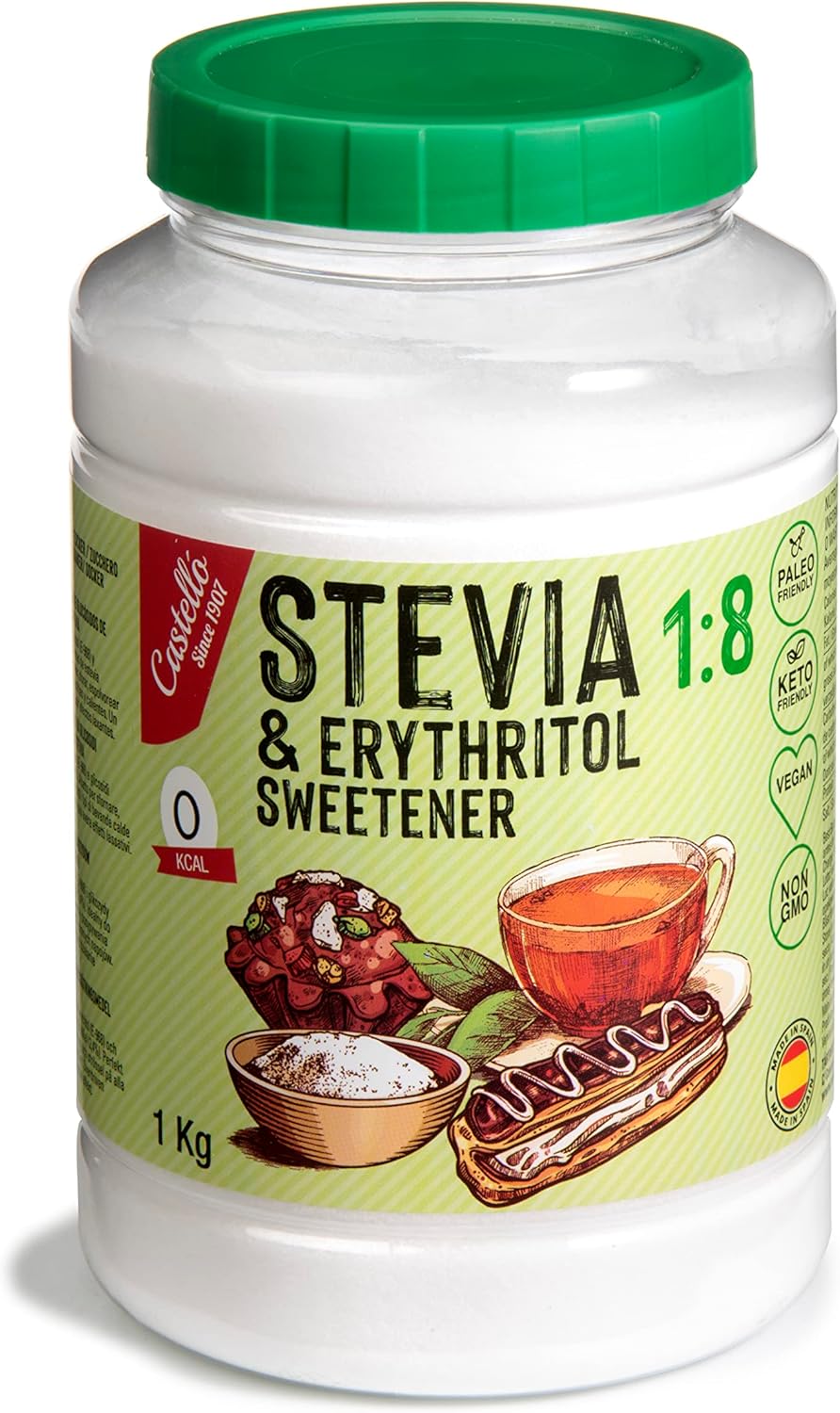 Castello since 1907 Stevia + Erythritol 1:8 Sweetener | 1g = 8g of sugar | 100% Natural Sugar Substitute - 0 Calories - 0 Glycemic Index - Keto and Paleo - 0 Net Carbohydrates - Non-GMO - 1kg