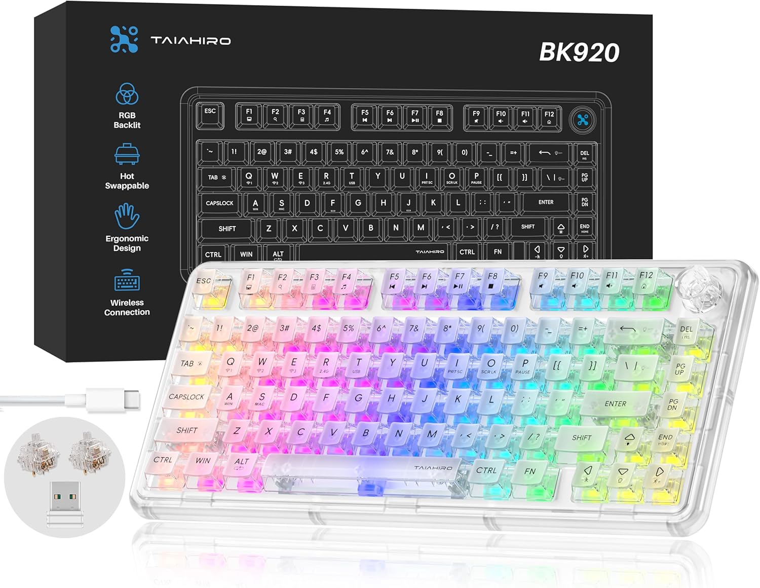 Transparent Mechanical Keyboard, RGB Backlit Wireless Creamy Gaming Keyboards, Hot Swap Customizable Clear Acrylic Design, 80-Key Quiet Linear Switches, 3 Modes BT5.0/2.4G/USB-C 4000mAh Battery, White