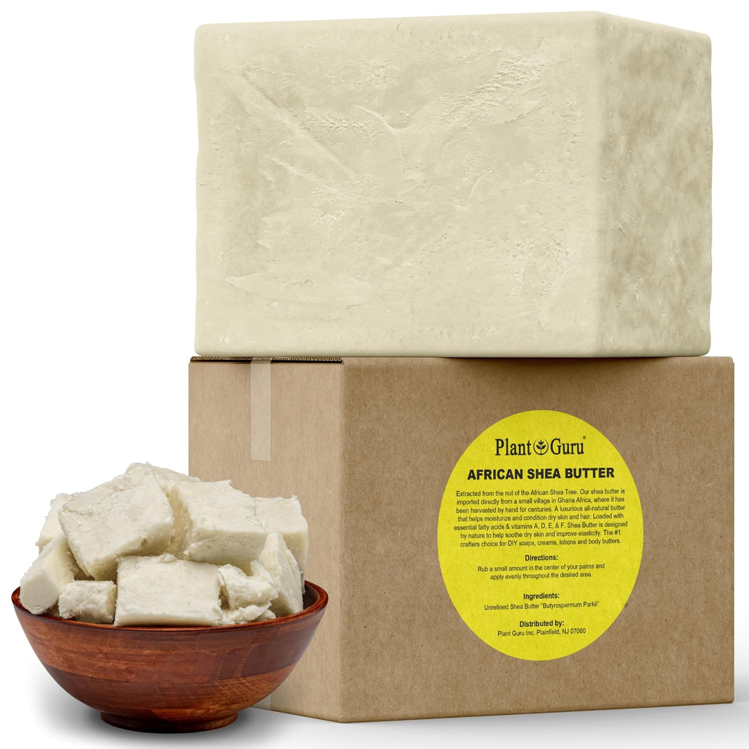 Plant Guru Raw African Shea Butter 5 lbs. Bulk Block 100% Pure Natural Unrefined IVORY - Ideal Moisturizer For Dry Skin, Body, Face And Hair Growth. Great For DIY Soap and Lip Balm Making.