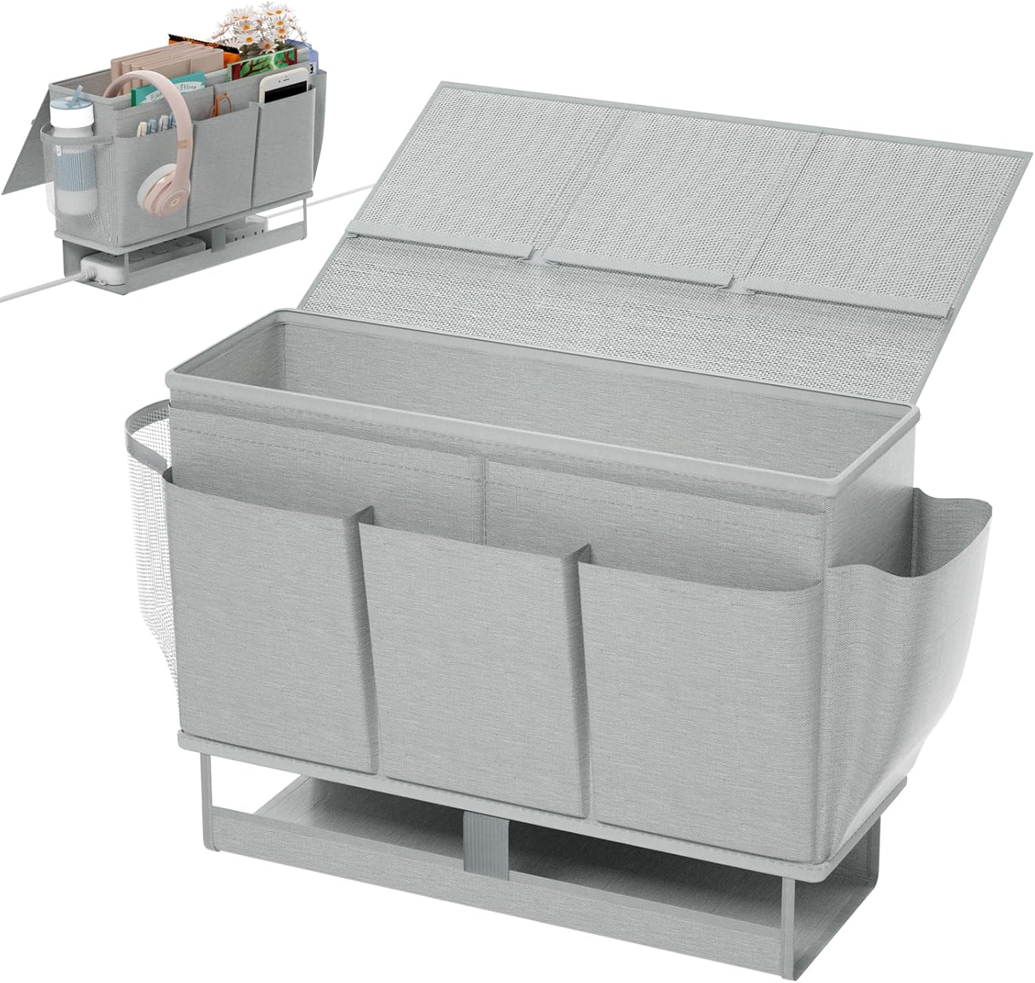 Bedside Caddy, Bed Organizer with 11 Pockets and Power Strip Holder,Versatile Bedside Storage Caddy for Home,Dorm,Bunk,Hospital,Crib Bed (Grey)