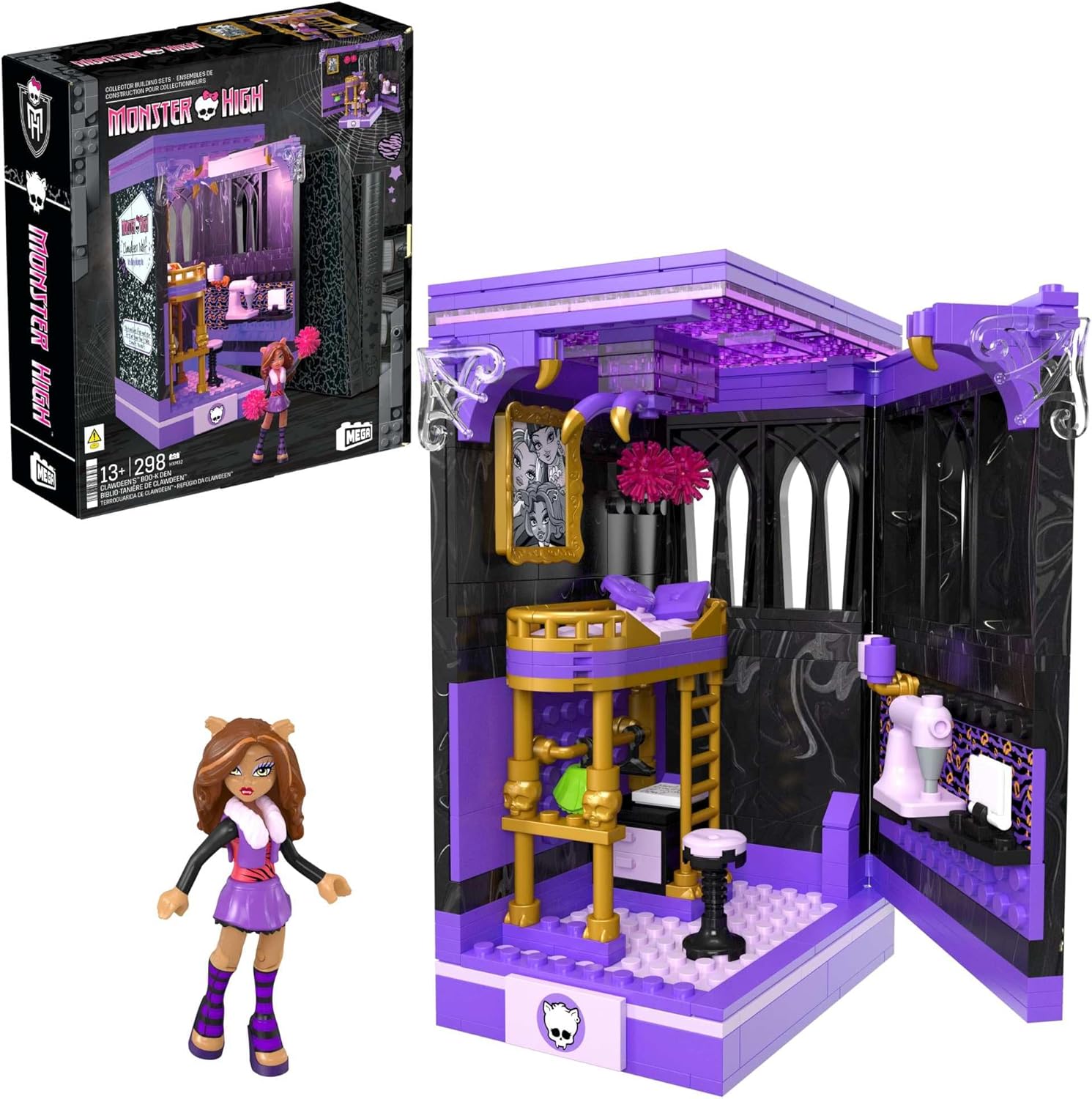 Mega Monster High Action Figure Building Set Clawdeen's Boo-k Den with 299 Pieces, Book Nook for Collectors