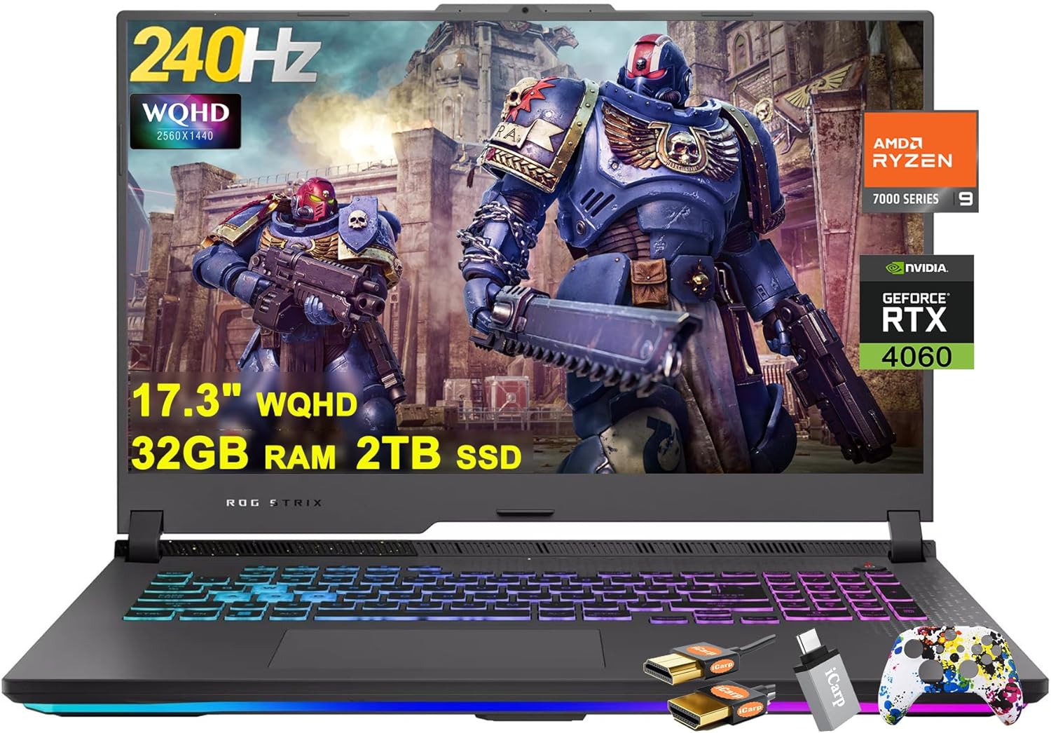ASUS ROG Strix G17 G713 Gaming Laptop 17.3" WQHD IPS 240Hz AMD 12-Core Ryzen 9 7845HX (>i9-12900H) 32GB RAM 2TB SSD GeForce RTX 4060 8GB USB-C RGB Backlit Fast Charging Win11 w/ICP Accessory