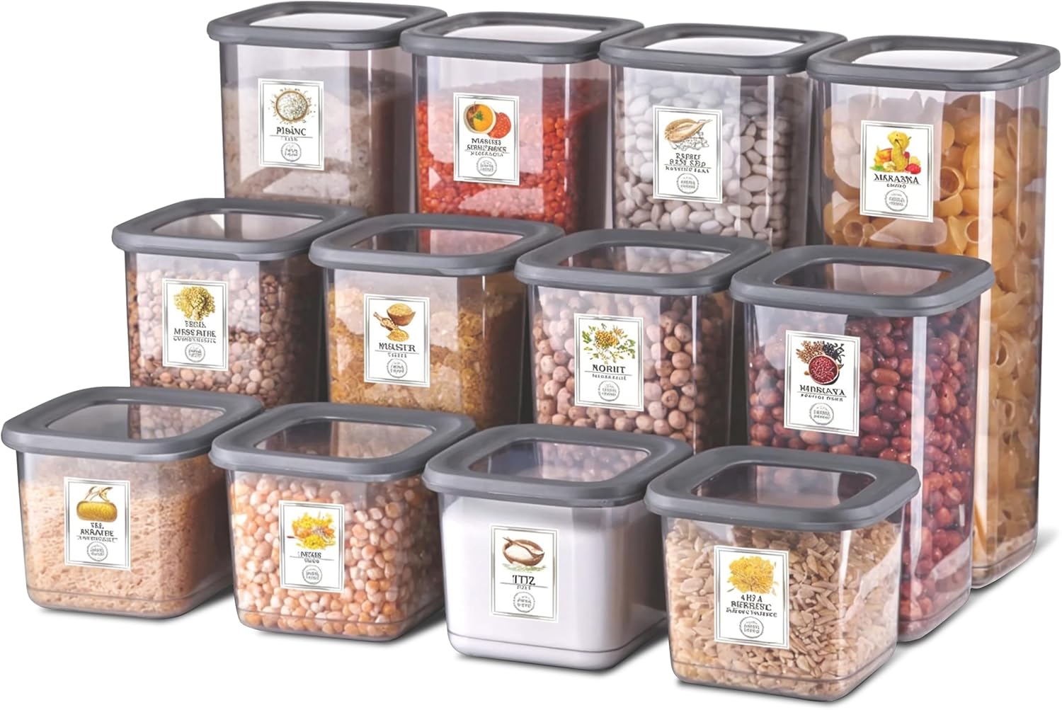 My Happy Home 12 Pcs Square Plastic Food Containers with Lids, BPA-Free Kitchen and Pantry Organiser with Labels, Stackable, Dishwasher Friendly