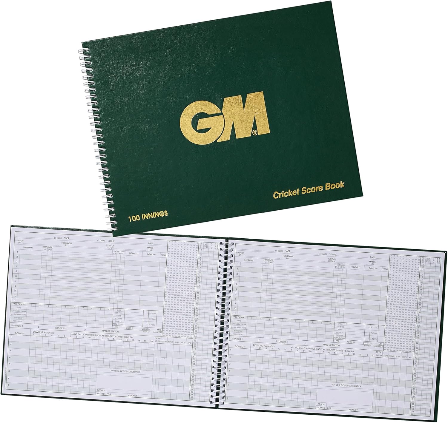 Gunn & Moore GM Cricket Scorebook | Bowling Analysis | Green with Gold GM Logo | 60 or 100 Innings