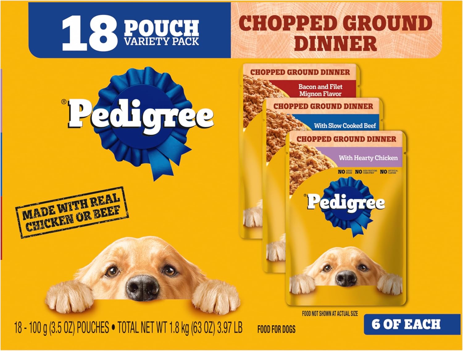 Pedigree Chopped Ground Dinner Dog Food 18-Count Bacon Filet Mignon Variety Pack, 3.5 oz. Pouches