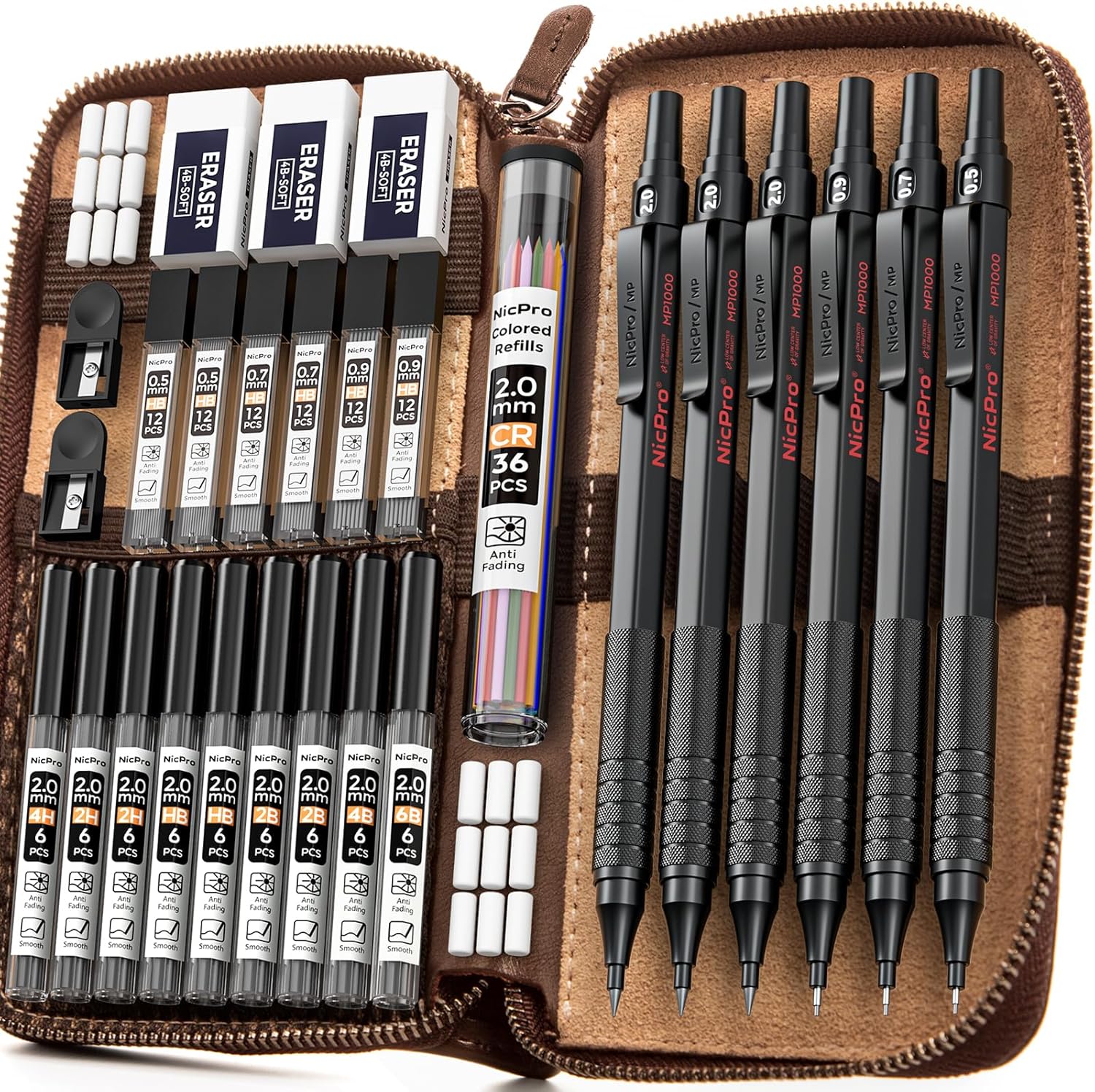 Nicpro 30PCS Metal Mechanical Pencil Set in Leather Case, Art Drafting Pencil 0.5, 0.7, 0.9 mm, 2mm Lead Pencil Holders for Sketching Drawing With 16 Tube (6B 4B 2B HB 2H 4H Colors)Lead Refills-Black