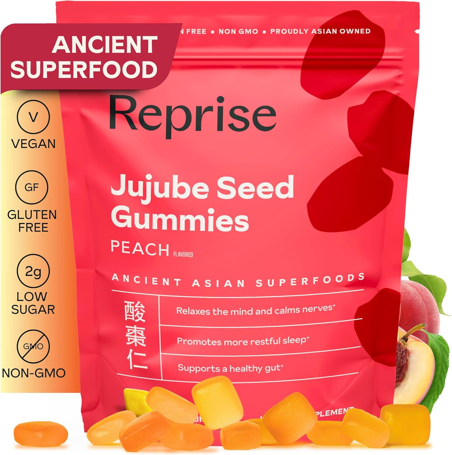 Jujube Seeds in Daily Gummies, 300 mg Full-Spectrum Jujube Seeds, Supports Relaxation & Restful Sleep, 100% Plant Based Vegan & Gelatin Free, Peach Flavored, 45 Gummies