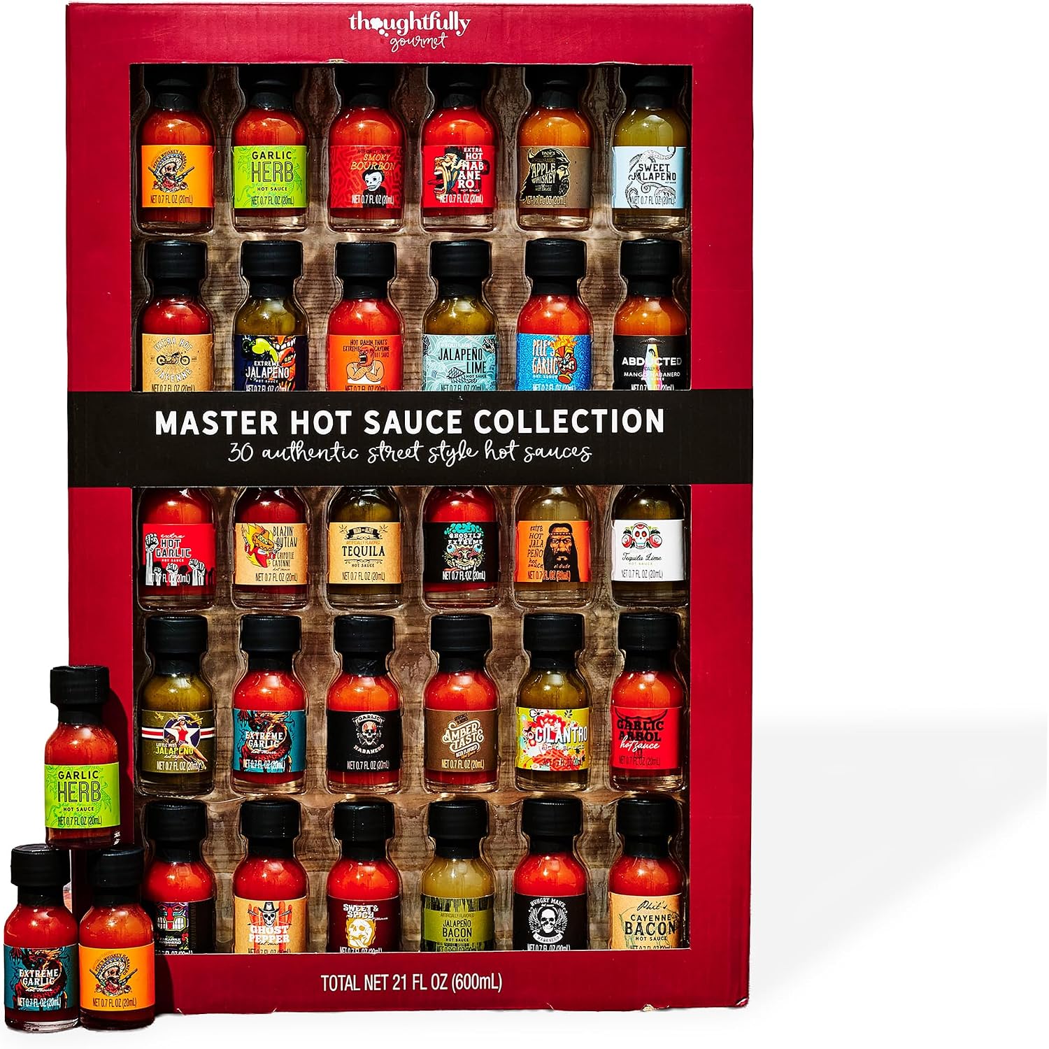 Thoughtfully Gourmet, Master Hot Sauce Collection Gift Set, Flavours Include Garlic Herb, Cayenne Bacon, Apple Whiskey, Mango Habanero and More, Pack of 30