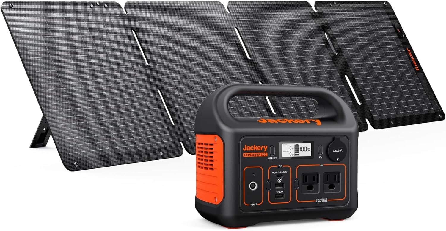 Jackery Solar Generator 300, 293Wh Backup Lithium Battery with 1XSolar Panel SolarSaga 100W Air, 110V/300W Pure Sine Wave AC Outlet for RV Outdoors Camping Travel Blackout