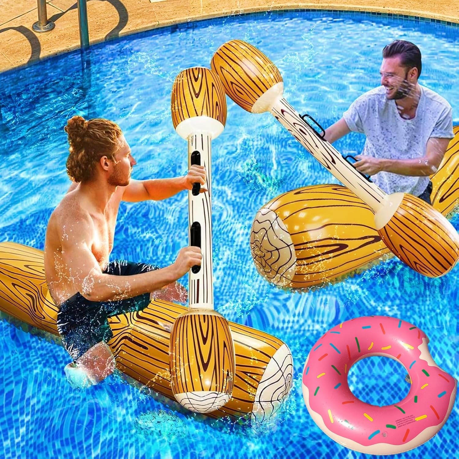KAHEIGN 5Pcs Inflatable Floating Row Toys, 140CM Pool Inflatable Battle Log Water Sports Games Log Rafts Float Toys with Doughnut Swimming Ring for Kids Adults Summer Lake Beach Water Party Game