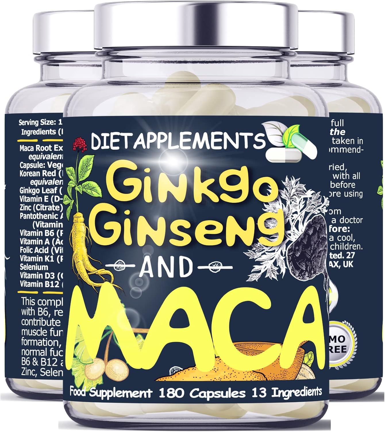Maca Root 4000mg, Ginkgo Biloba, Korean Red (Panax) Ginseng - 4256mg - Vegan Capsules - Zinc, Vitamins D3, E, B5, B6, B12, A, K, Folic Acid, Selenium for Immune System & Hormonal Activity. 1 Bottle