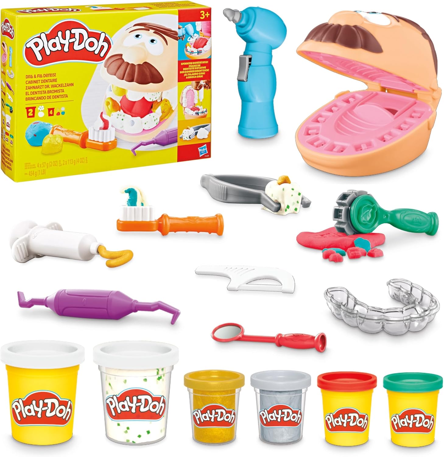 Play-Doh Drill 'n Fill Dentist Toy for Toddlers, Non-Toxic Modelling Compound Set with 6 Cans, Creative Toys for 3+ Year Old Kids