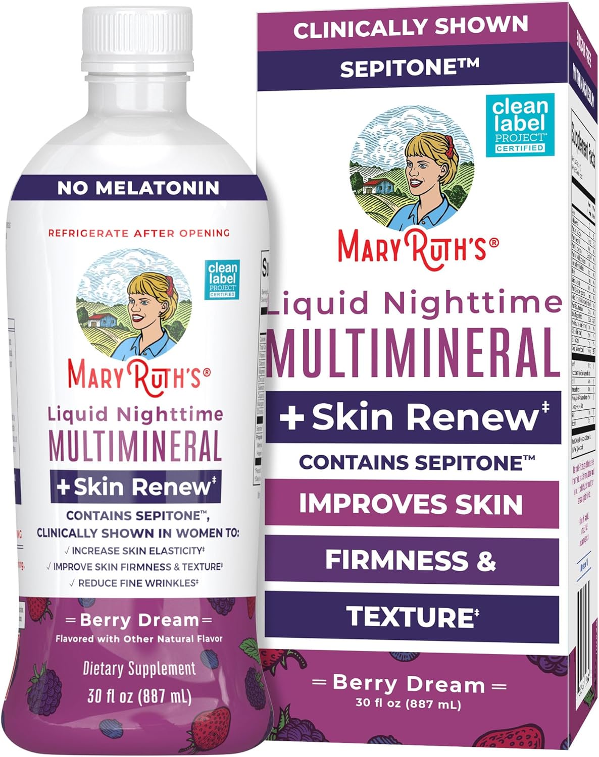 MaryRuth's Liquid Nighttime Liquid Multimineral + Skin Renew | Clinically Shown in Women to Reduce Fine Wrinkle & Improve Skin Firmness | Sepitone | NO Melatonin | Magnesium | Vegan | 30 Servings
