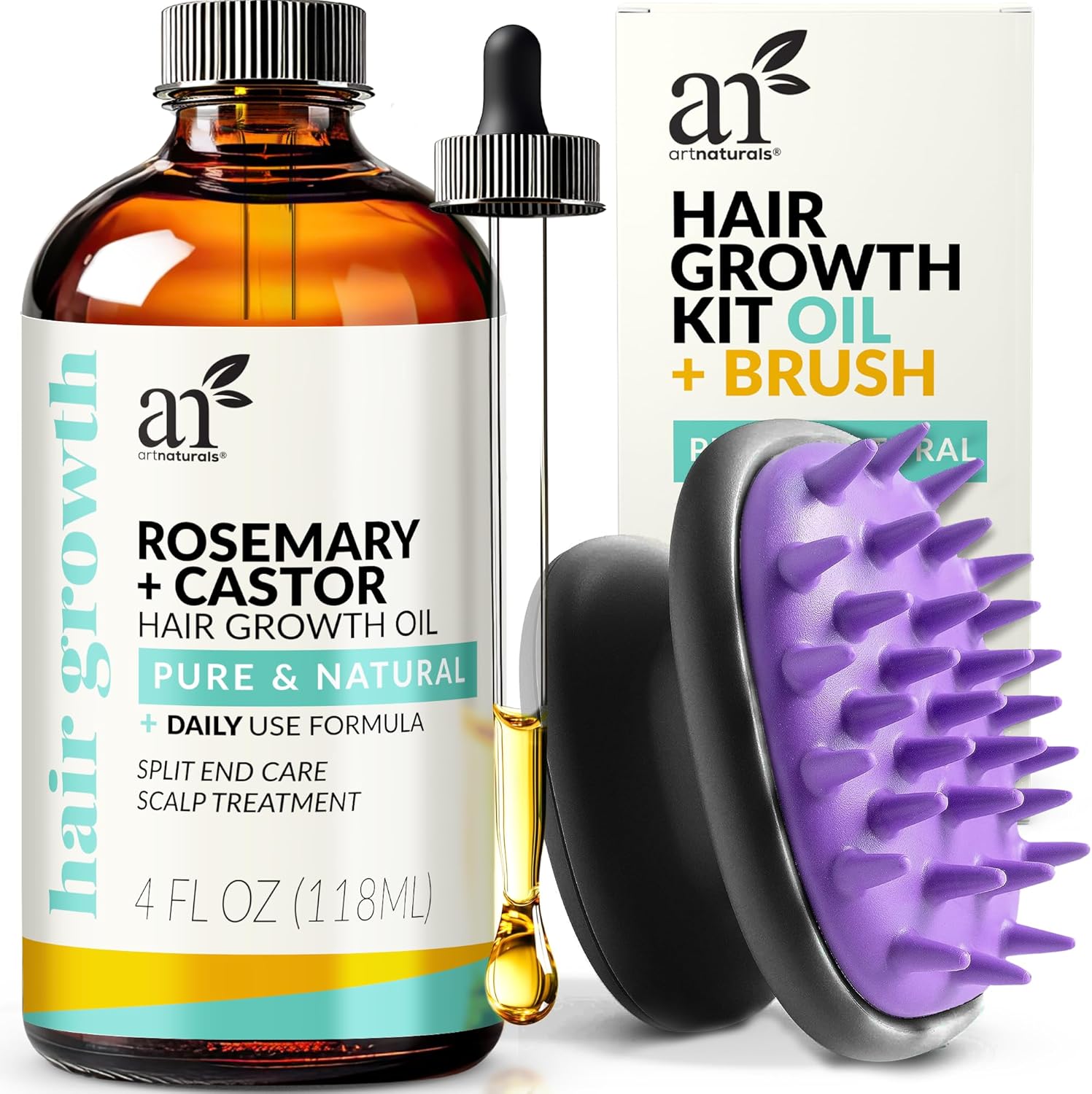 Artnaturals Organic Rosemary Castor Hair Oil + Scalp Massager 118ml ounces with Coconut & Olive Oil for Dry, Damaged & Split End