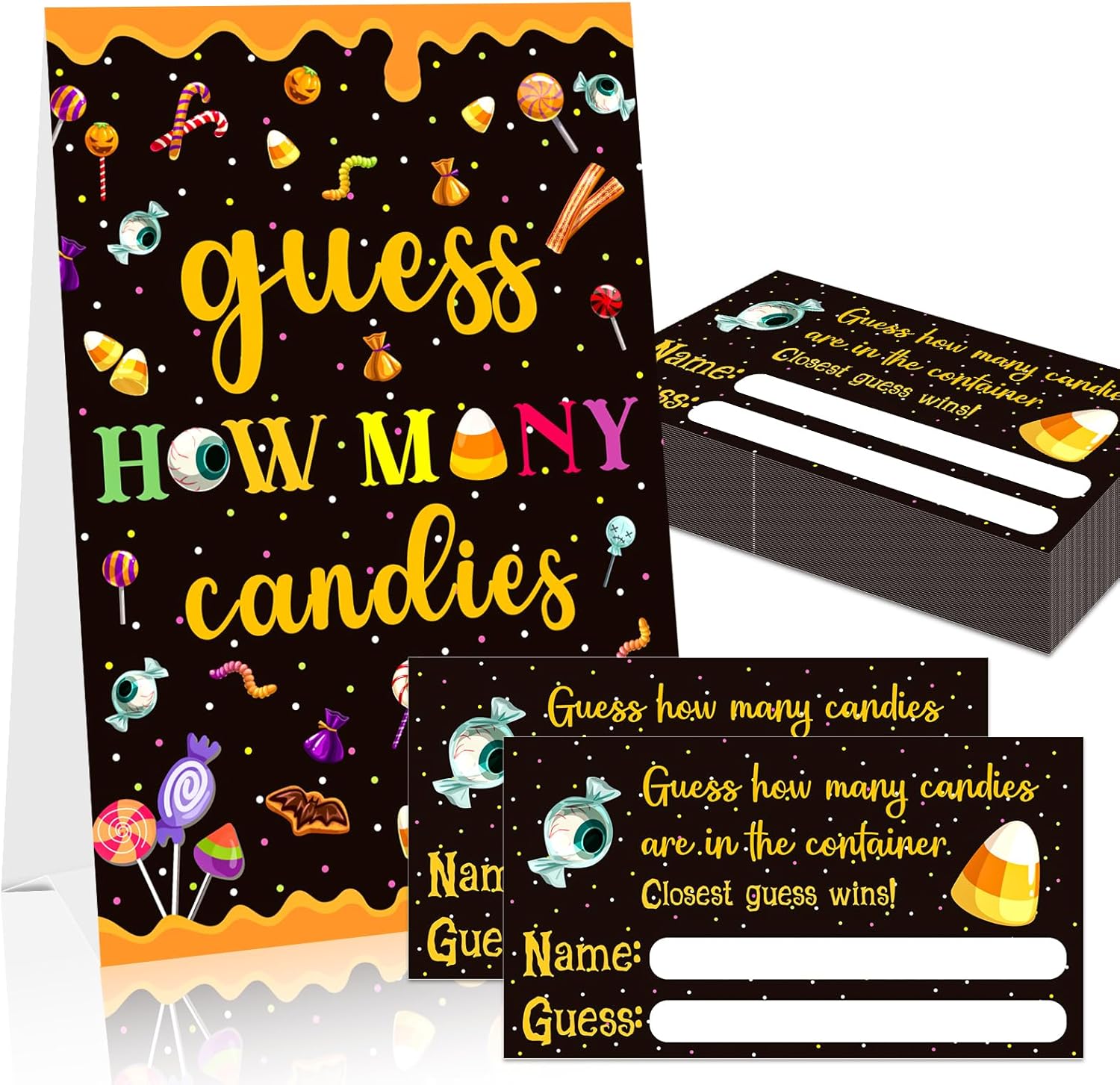 Halloween Guess How Many Candies Game - Guess How Many Candy Party Game for Adults Women 50 Candies Guessing Games Cards for Halloween Baby Shower Party Favors Supplies