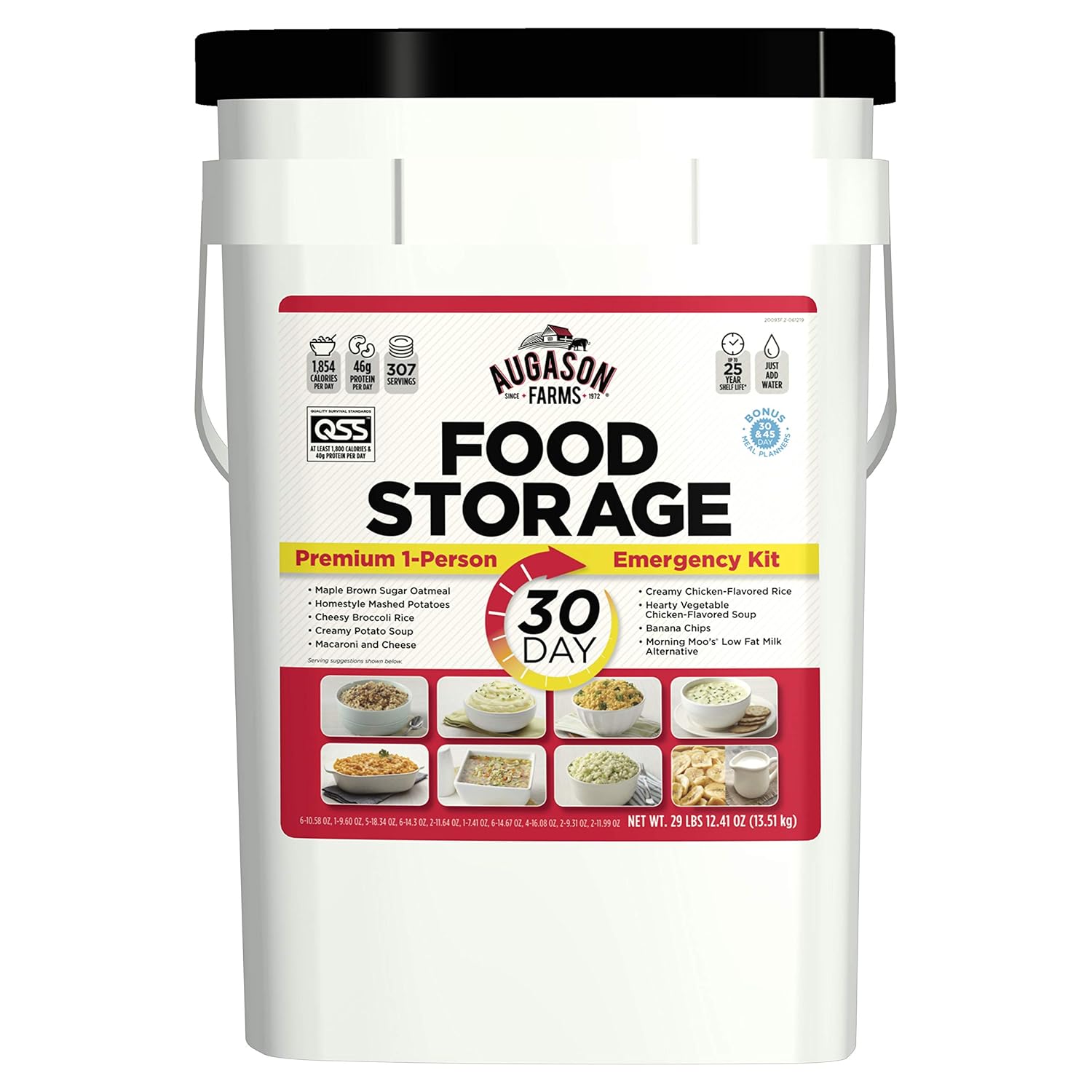AUGASON FARMS Emergency Food Supply Bucket, 307 Servings, Dehydrated Meal Kit, Variety Pail, Long Shelf Life Just-Add-Water Meals for Prepping, Disaster Survival, Camping, Hiking, and More