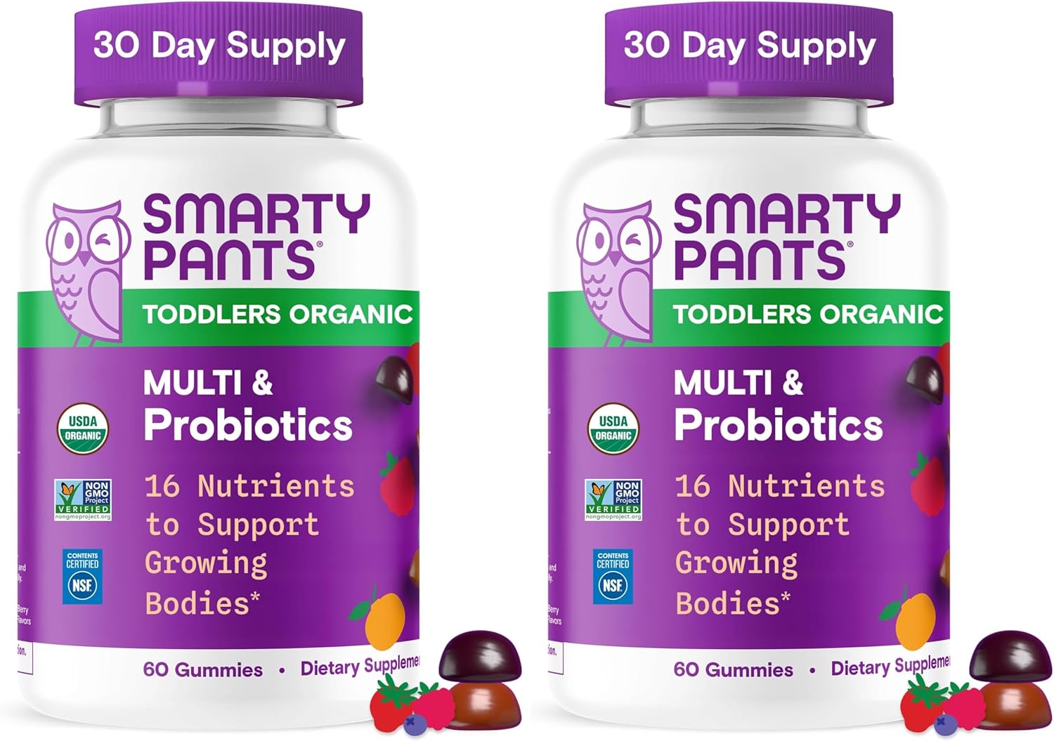 SmartyPants Organic Toddler Multivitamin Gummies: Probiotics,Omega 3 (ALA),Vitamin D3,C,Vitamin B12,B6,A,K&Zinc,Beta Carotene,Gluten Free,Three Fruit Flavors, (30 Day Supply),60 Count (Pack of 2)