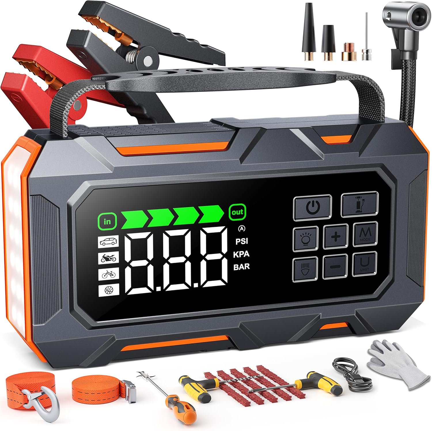TREKURE 14-IN-1 6000A 160PSI Jump Starter Power Pack with Air Compressor & Car Emergency Kit, Car Battery Booster Jump Starter with Jump Leads (all Gas/12L Diesel), LED Light, Gloves, 18W