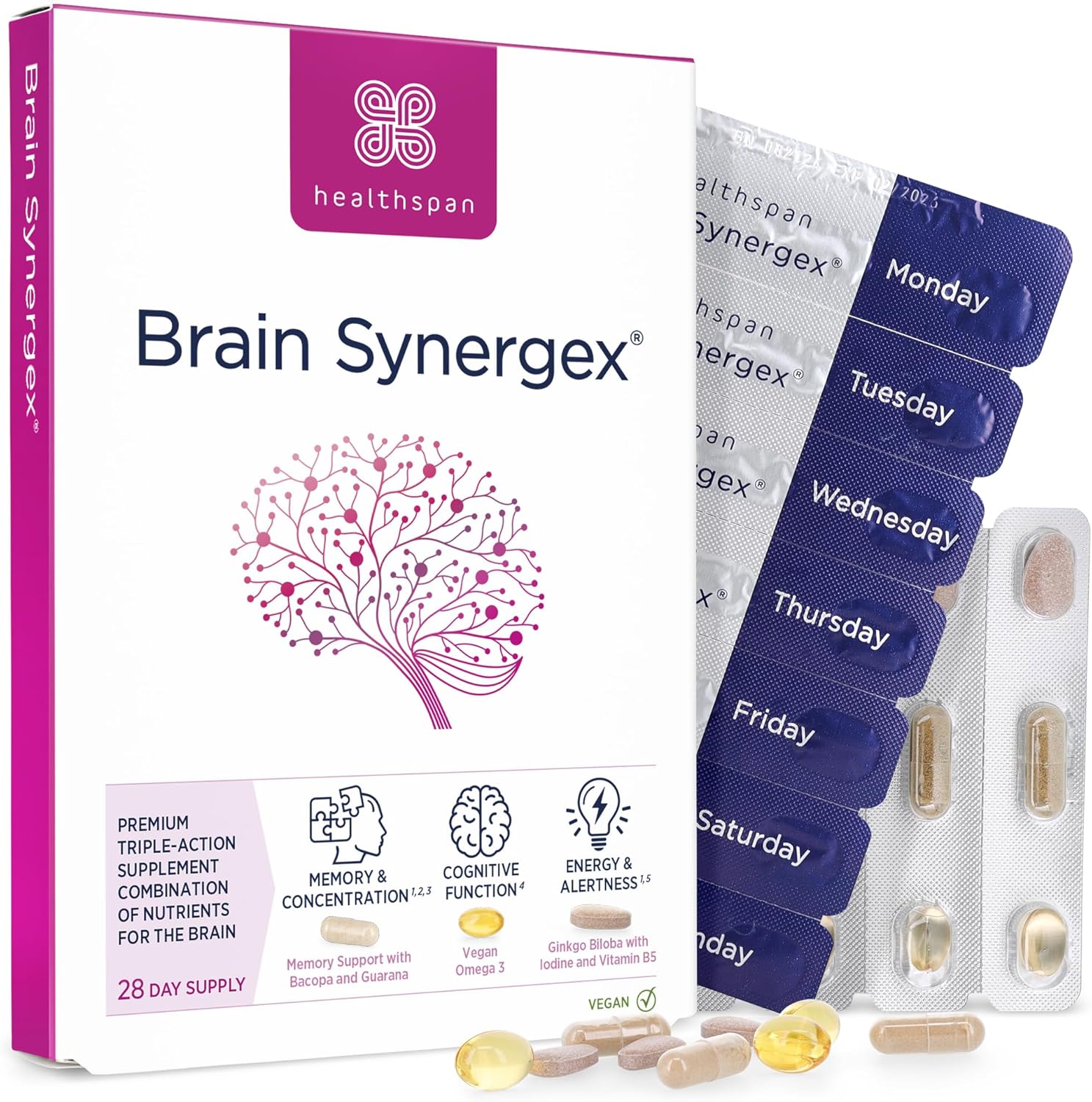 Healthspan Brain Synergex | 28 Day Supply | Brain Health Supplements | Ginkgo Biloba, Neuro-Vitamin Complex, Opti-Omega 3 & Phospholipid Complex