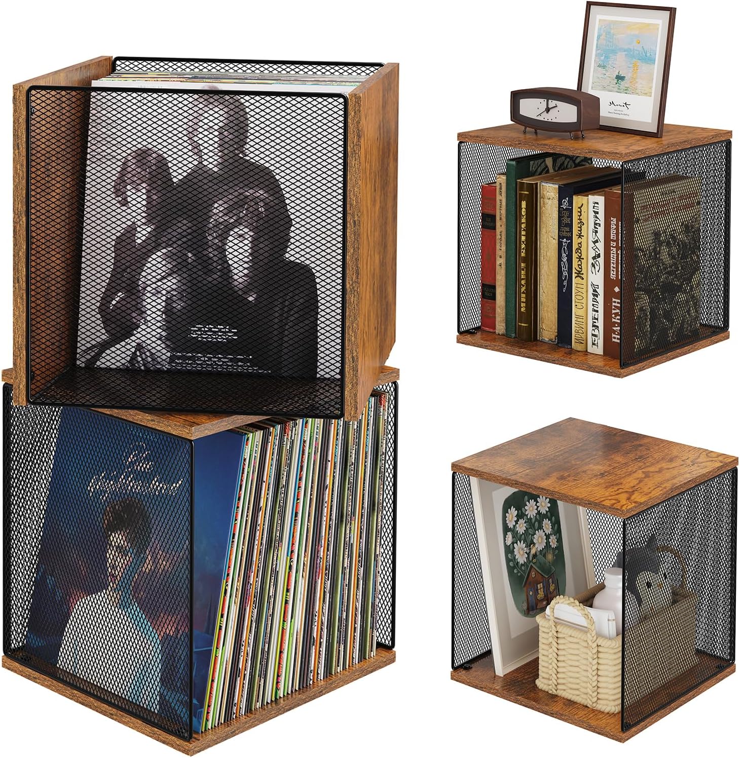2 Cubes of Record Holder Shelf Storage Furniture - DIY Stackable 80-110 Vinyl Album Visualize Storage Box Cube - Natural Wooden Organizer Crate Cabinet