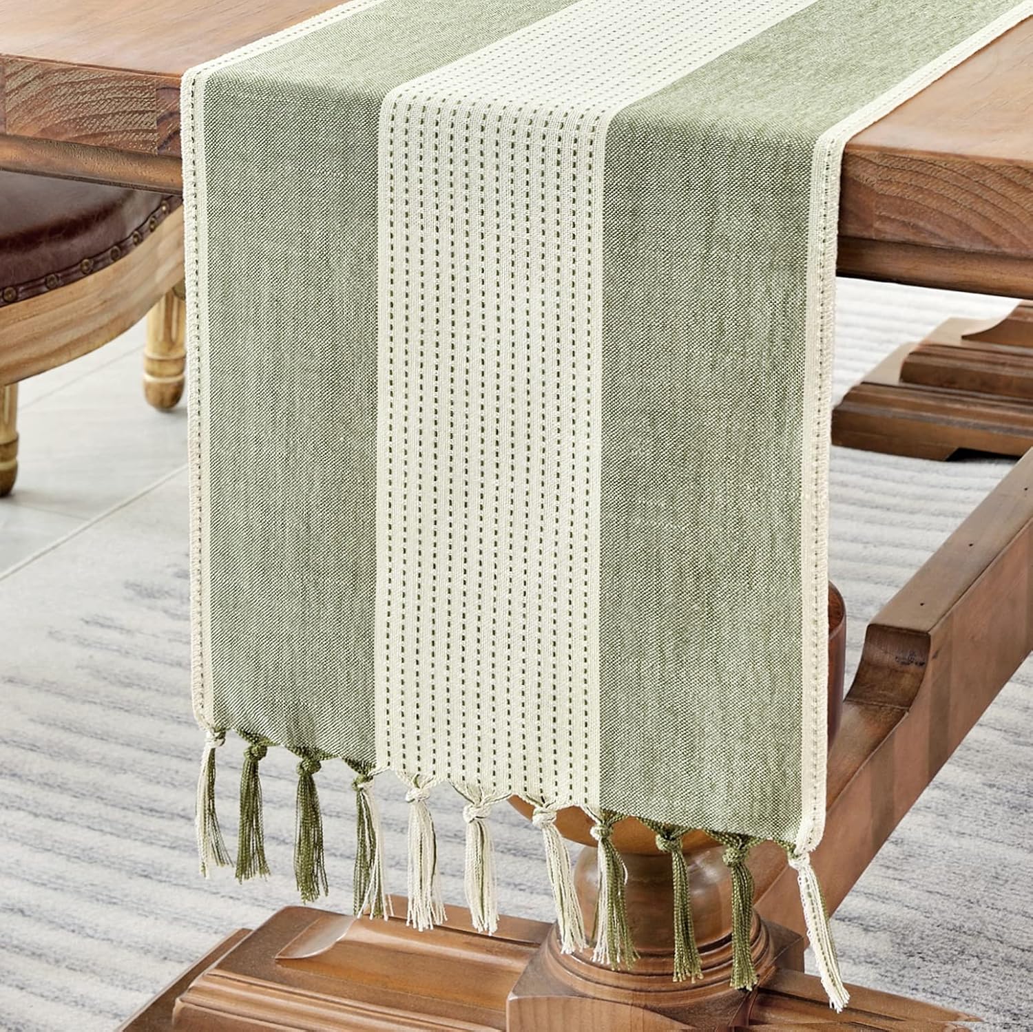 Wracra Cotton Linen Sage Green Table Runner 180cm Long with Hand-tassels, Macrame Table Runner for Holiday Parties and Everyday Use(Sage Green, 180cm)
