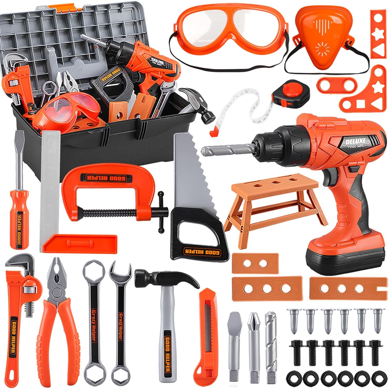 Kids Tool Set – Zealous 48 pcs Toddler Tool Set with Tool Box & Electronic Toy Drill, Pretend Play Kids Toys, Toy Construction Tools for Kids Ages 3,4,5,6,7,8 Years Old (A-Orange)