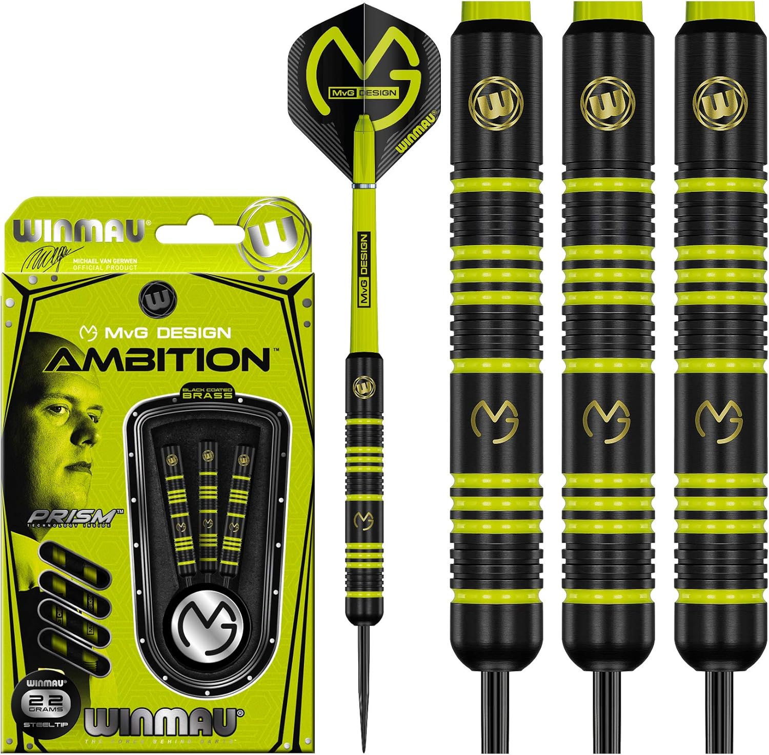 WINMAU Michael Van Gerwen MvG Ambition Professional Brass Darts Set with Flights and Shafts Available in Steeltip and Softip