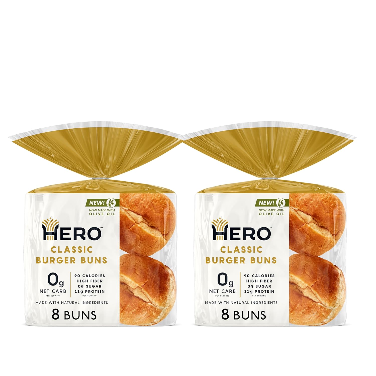 Hero Classic Hamburger Buns - Burger Buns | Net Low Carb Buns | High Fiber, 0g Net Carbs, 0g Sugar & 90 Calories Per Serving Burger Rolls (16 Buns, Pack of 2)