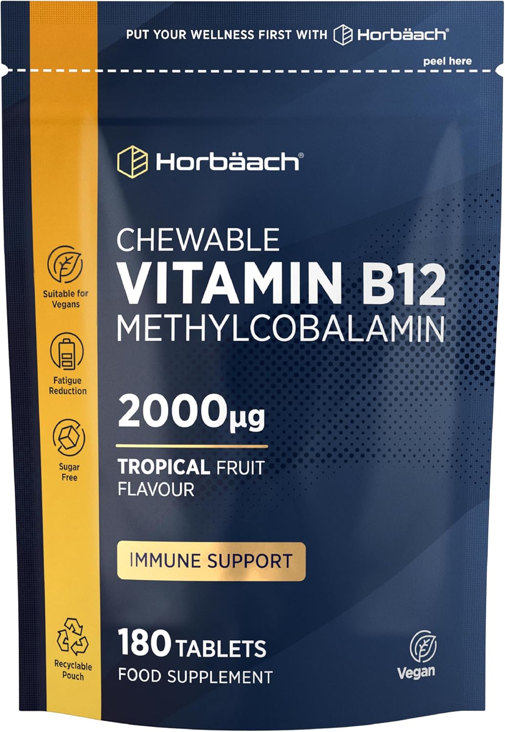 Vitamin B12 Chewable Tablets 2000ug | 180 Count | Tropical Fruit Flavour | Sugar Free | High Strength Vegan Methylcobalamin Supplement | by Horbaach