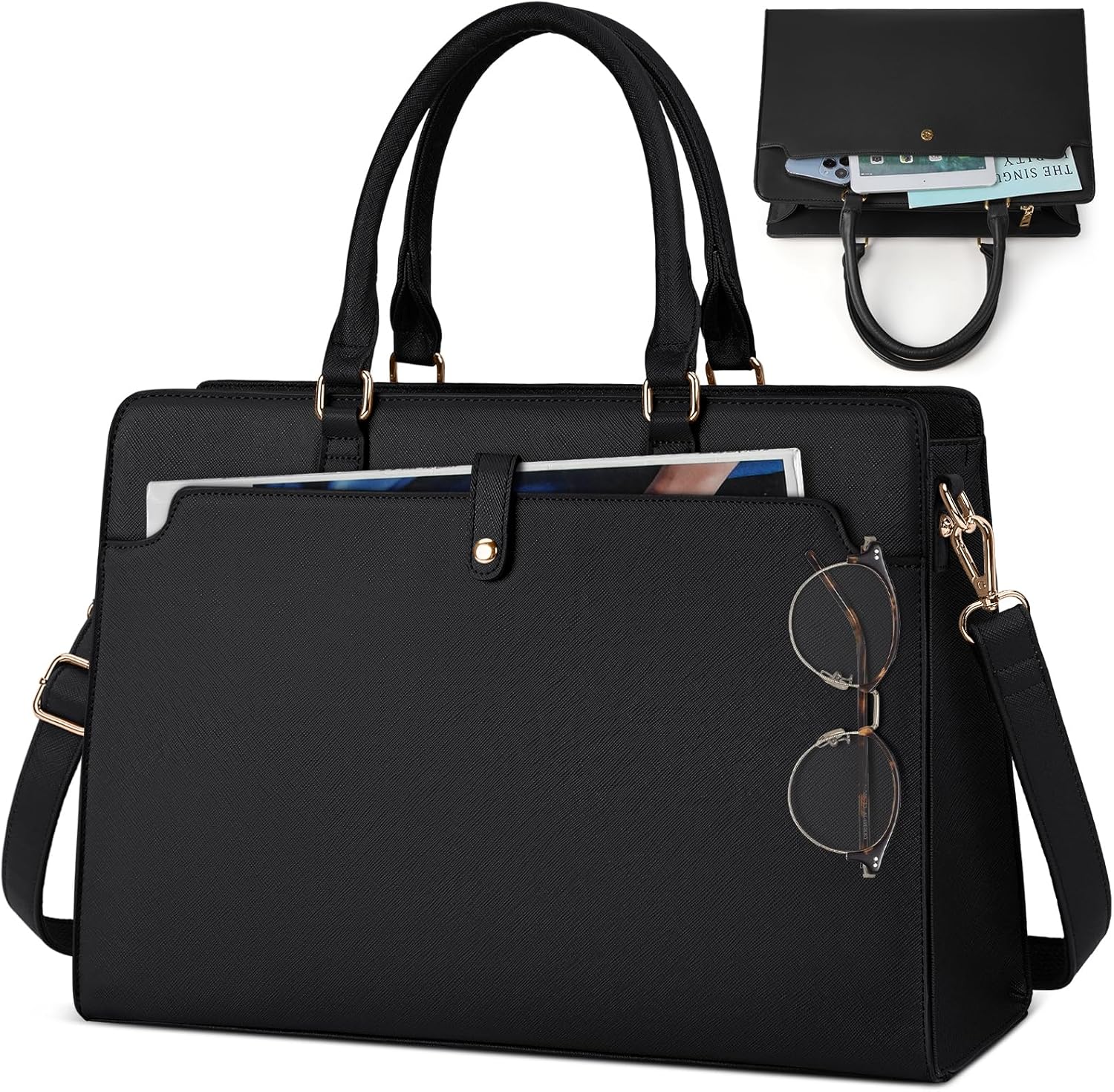 RAINSMORE Laptop Bags for Women 15.6 Inch Ladies Work Bag Laptop Tote Bag PU Leather Large Laptop Handbag for Women Water Resistant Computer Bag for Business Office School Travel Black