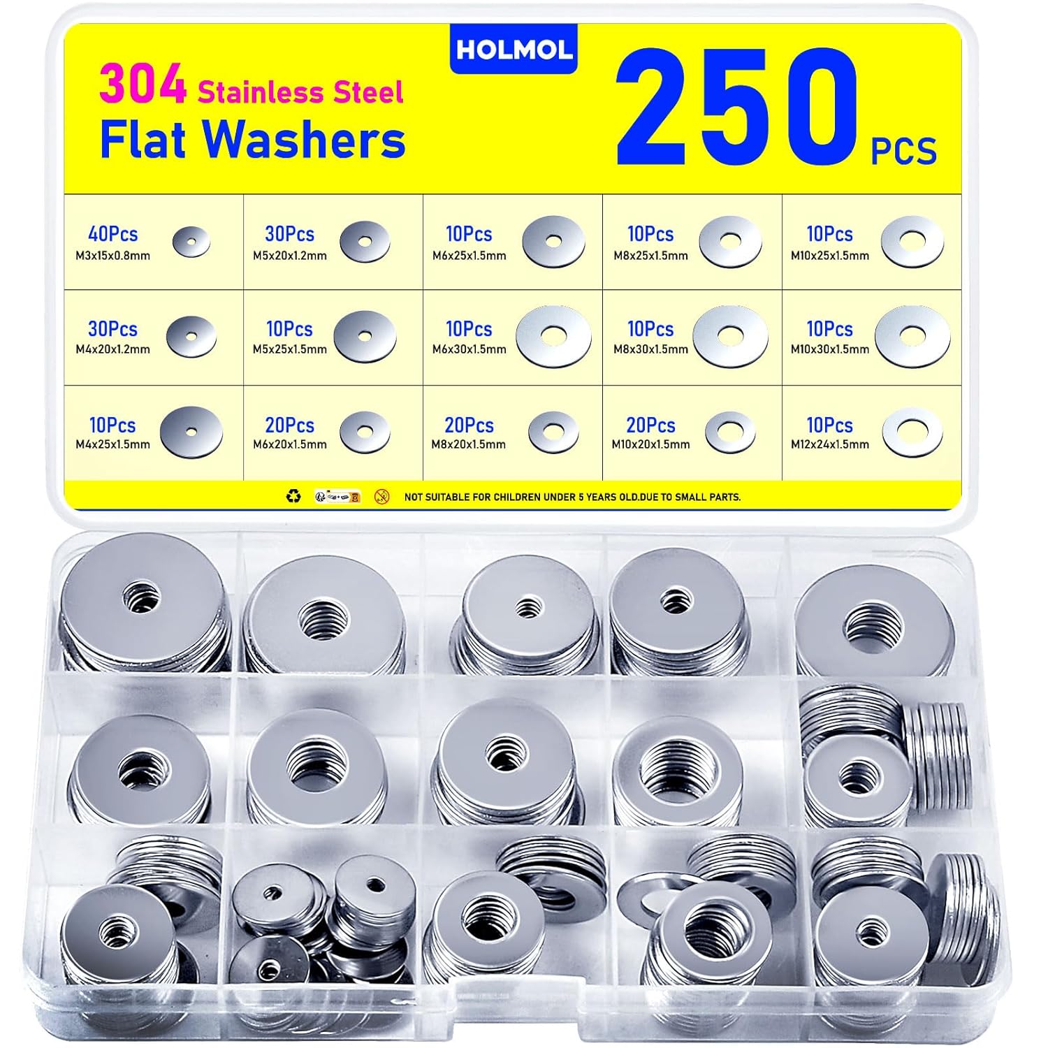 HOLMOL 250 PCS Stainless Steel Washers - Assorted Sizes M3-M12, Flat Penny Washers for Screws & Bolts