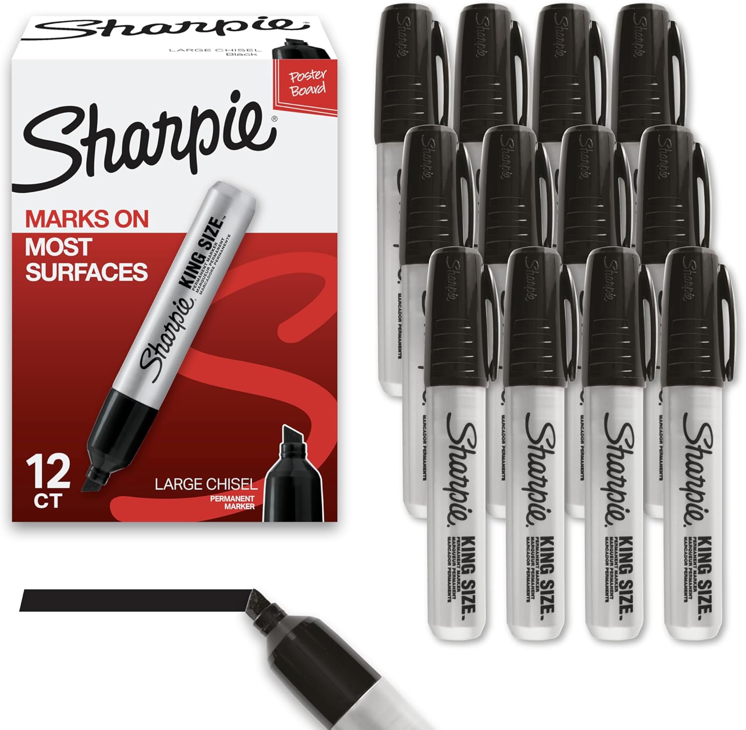 Sharpie King Size Permanent Marker Set, Chisel Tip Markers, Thick Poster Markers, Heavy Duty Markers For Work & Industrial Use, 12 Count
