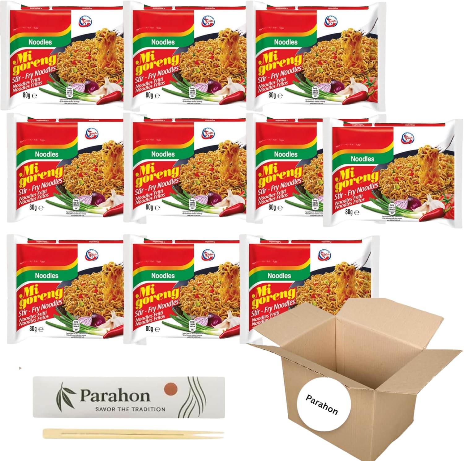 Mi Goreng Instant Noodles with Parahon Chopsticks – Halal Indonesian Fried Noodles – Assorted Flavors & Pack Sizes – Asian Pantry Staple (10 Pack)