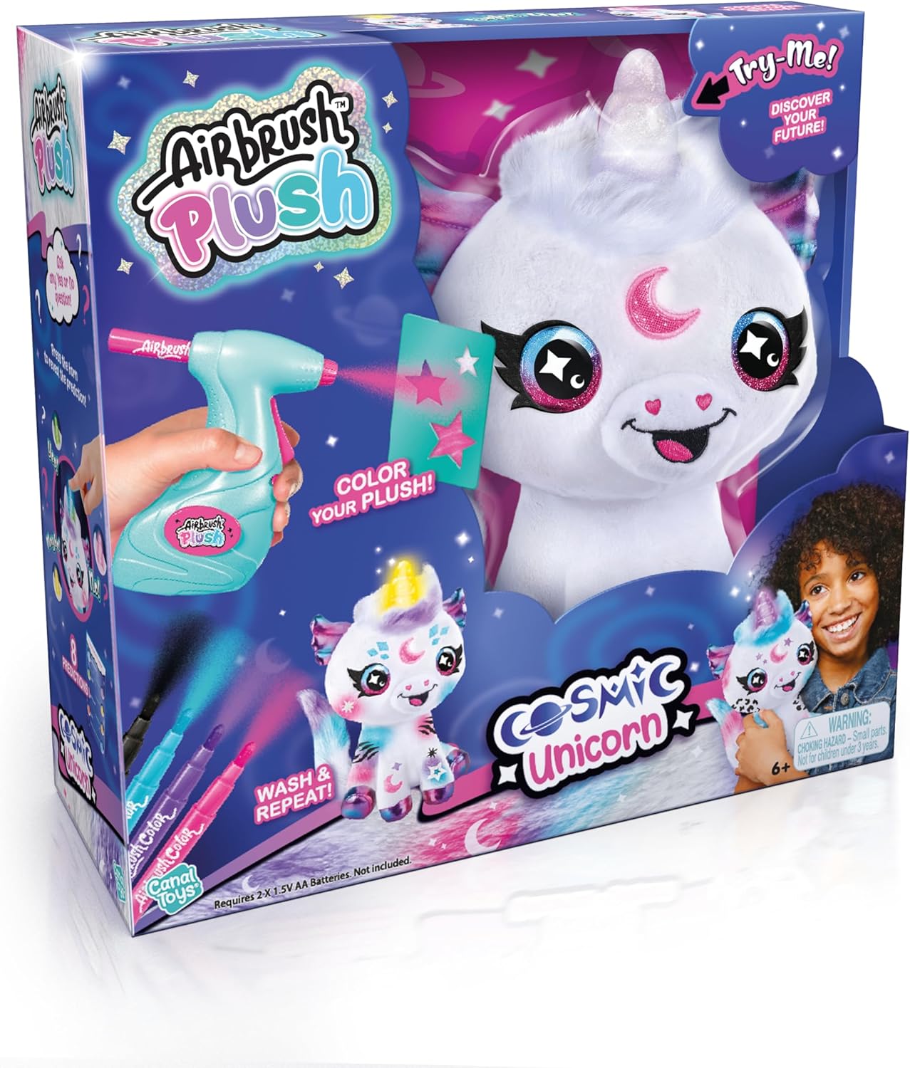 Canal Toys Airbrush Plush Cosmic Light Up Unicorn! Decorate, wash, Repeat! Customize Your own Spray Art Plush. Light up Fortune teller's Horn. Ages 6+