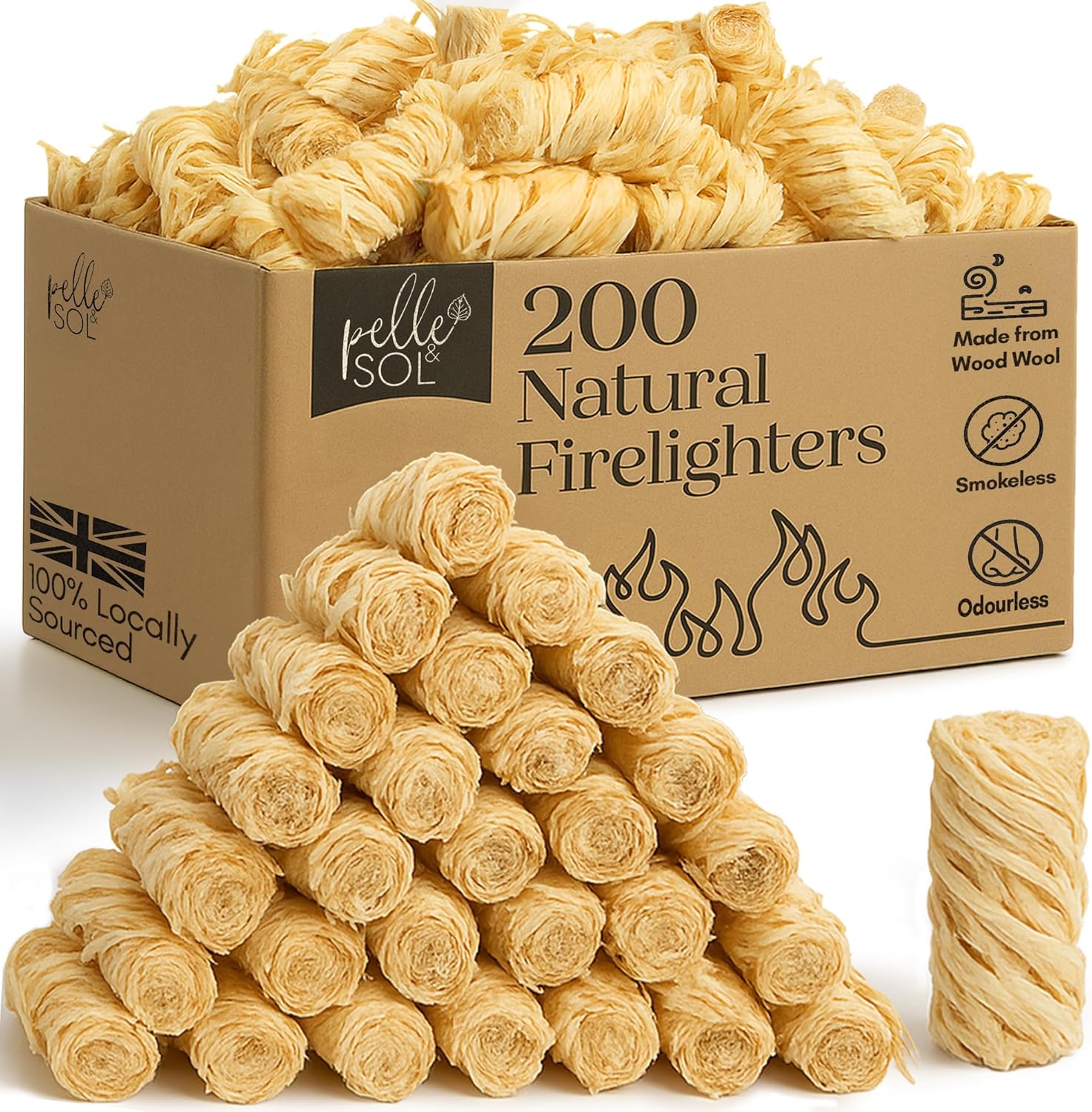 Pelle & Sol 200 Natural Firelighters – Long Burning Fire Lighters for Wood Burners, BBQ Lighter, Pizza Ovens, Open Fires – Quick Light Fire Starter, Log Burner Accessories - Eco Firelighters