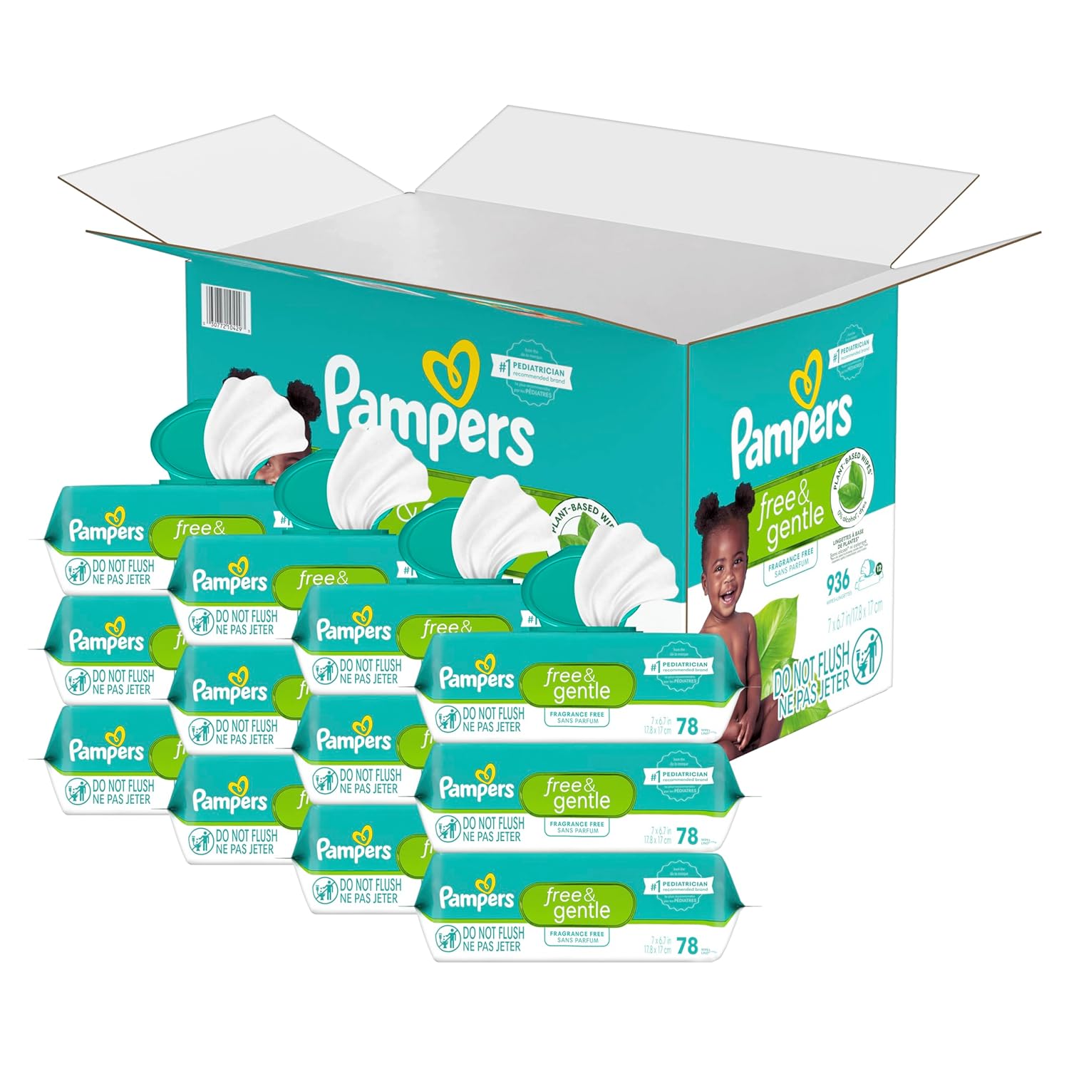 Pampers Baby Wipes, Free & Gentle, Hypoallergenic and Unscented Wipe, 100% Plant Based, Plastic-Free for Babies, 936 Total (12 Flip-Top Packs)