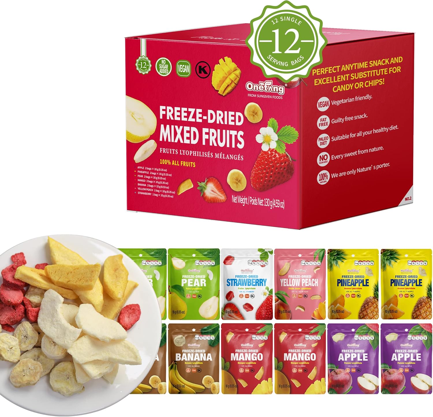 ONETANG Freeze-Dried Mixed Fruit, 12 Pack Single-Serve Pack, Non GMO, Kosher, No Add Sugar, Gluten free, Vegan, Holiday Gifts, Healthy Snack 0.35 Ounce