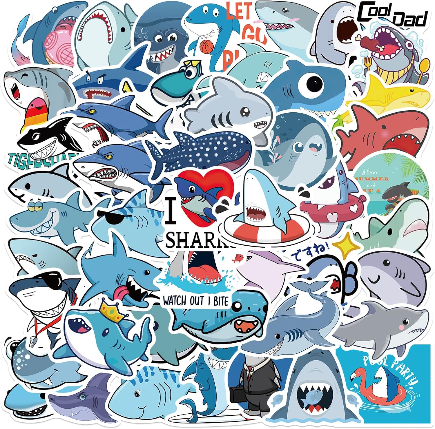 Cute Shark Waterproof Stickers for Kids Boys, 50Pcs Cool Ocean Animal Vinyl Stickers Pack for Water Bottle, Laptop, Animals Party Favors (Shark)