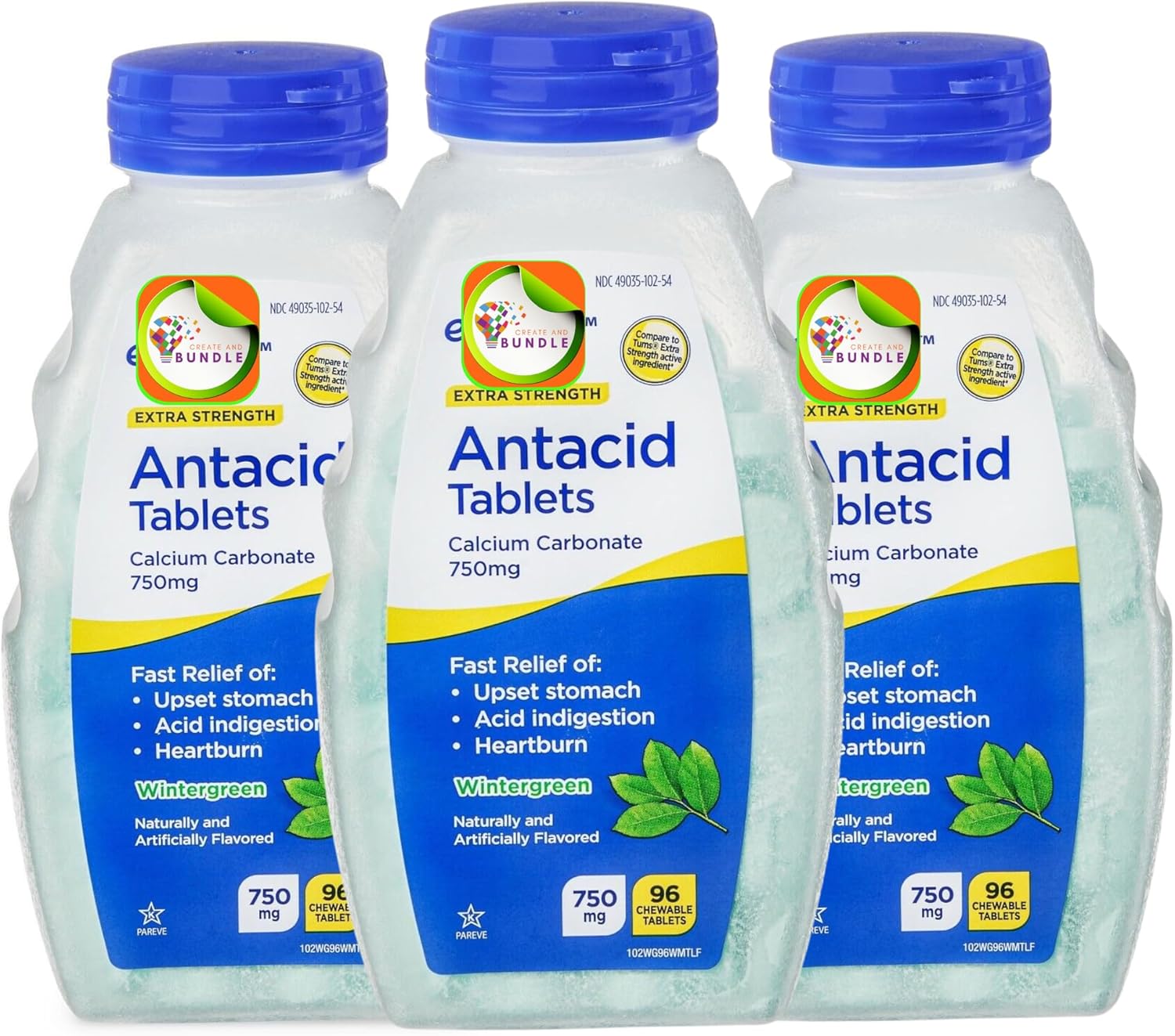 Antacid Chewable Tablets, 750 mg, Wintergreen Flavor, Calcium Enriched, Peppermint, 96 Ct (Pack of 03) Total 288ct