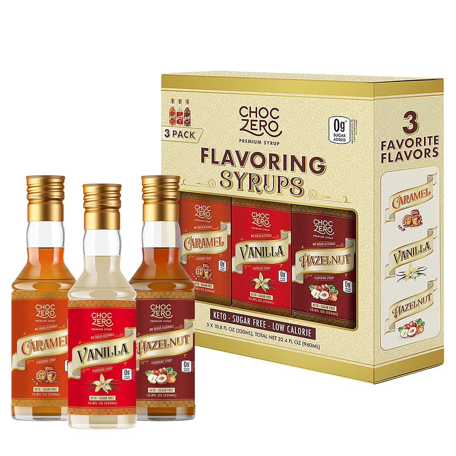 ChocZero Sugar Free Coffee Syrup Variety Pack, Vanilla, Caramel & Hazelnut